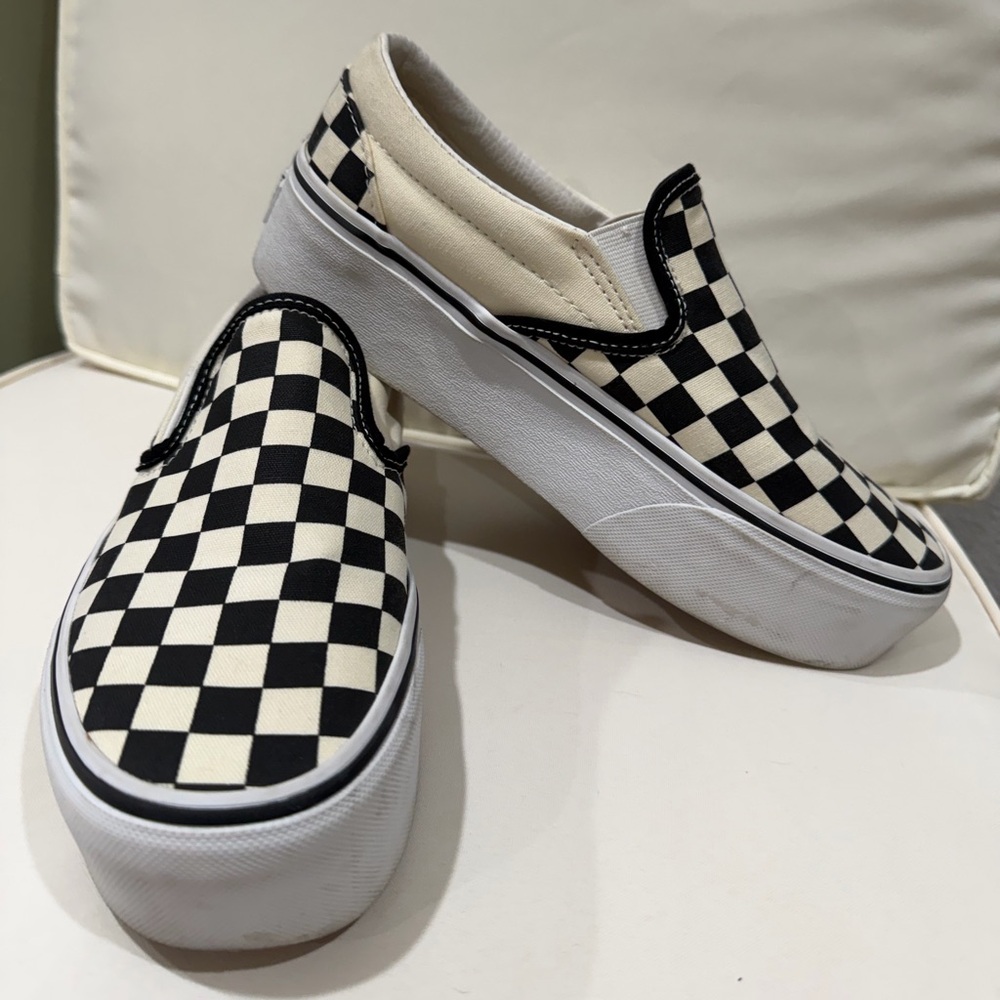 Classic Vans Black and White Checkered Slip-On Sneakers - platform